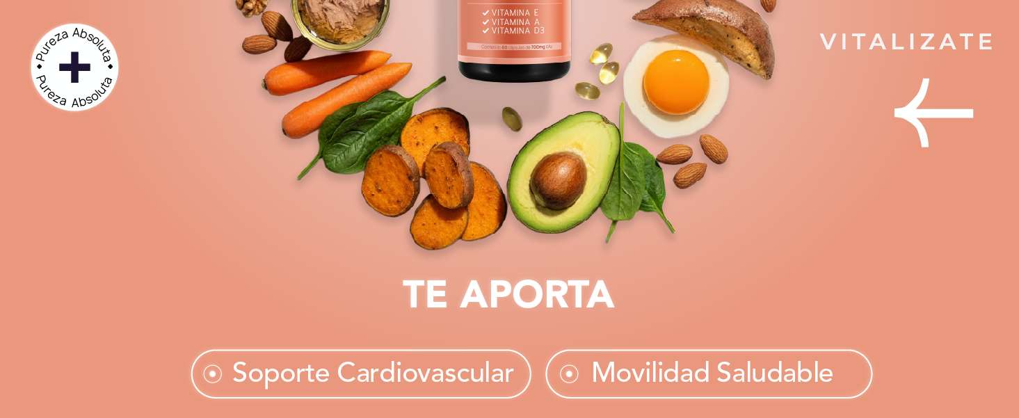 TE APORTA — Soporte Cardiovascular y Movilidad Saludable. Vitalizate Omega 3 con aceites de pescado y vegetales.