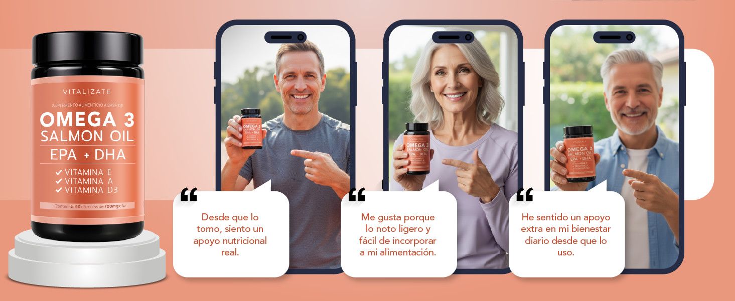 Testimonios. Carlos M., 52 años: "Desde que lo tomo, siento un apoyo nutricional real." / Beatriz R., 58 años: "Me gusta porque lo noto ligero y fácil de incorporar a mi alimentación." / Roberto H., 60 años: "He sentido un apoyo extra en mi bienestar diario desde que lo uso."
