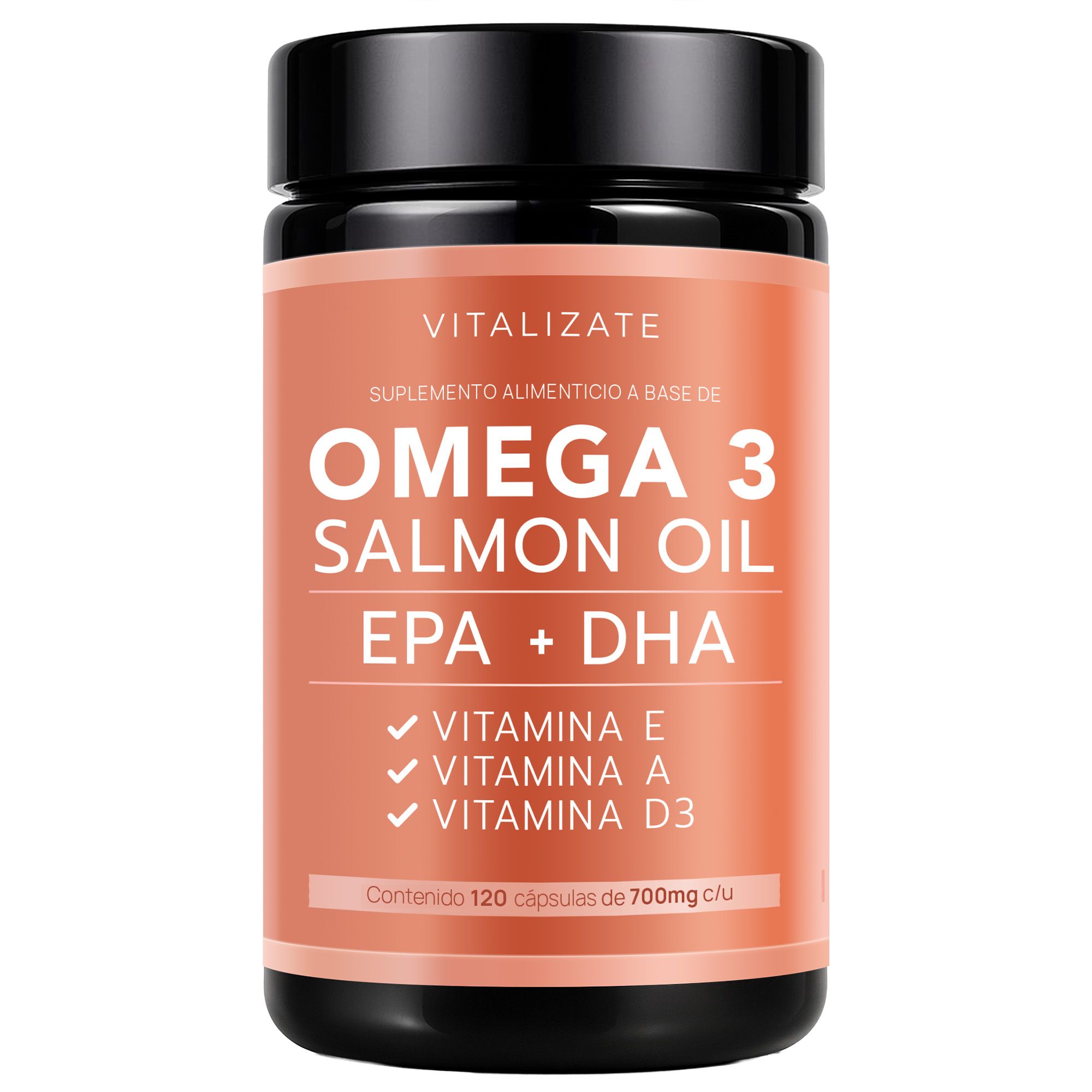 Frasco de Vitalizate Omega 3 Salmon Oil con etiqueta coral, 60 cápsulas