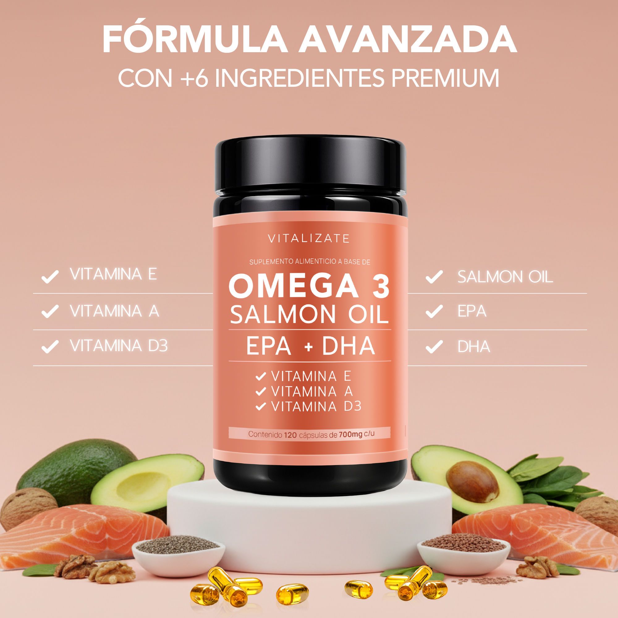 FÓRMULA AVANZADA con 6 ingredientes premium: Vitamina E, Vitamina A, Vitamina D3, Salmon Oil, EPA y DHA en una sola cápsula de Vitalizate Omega 3.